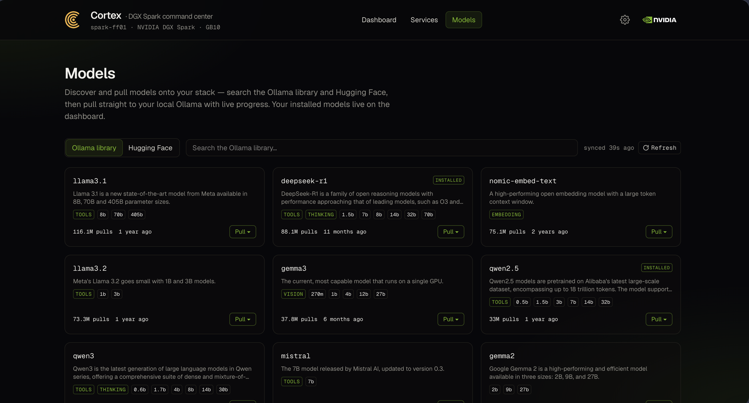 Cortex models page showing Ollama library and Hugging Face discovery with pull controls and manual refresh.