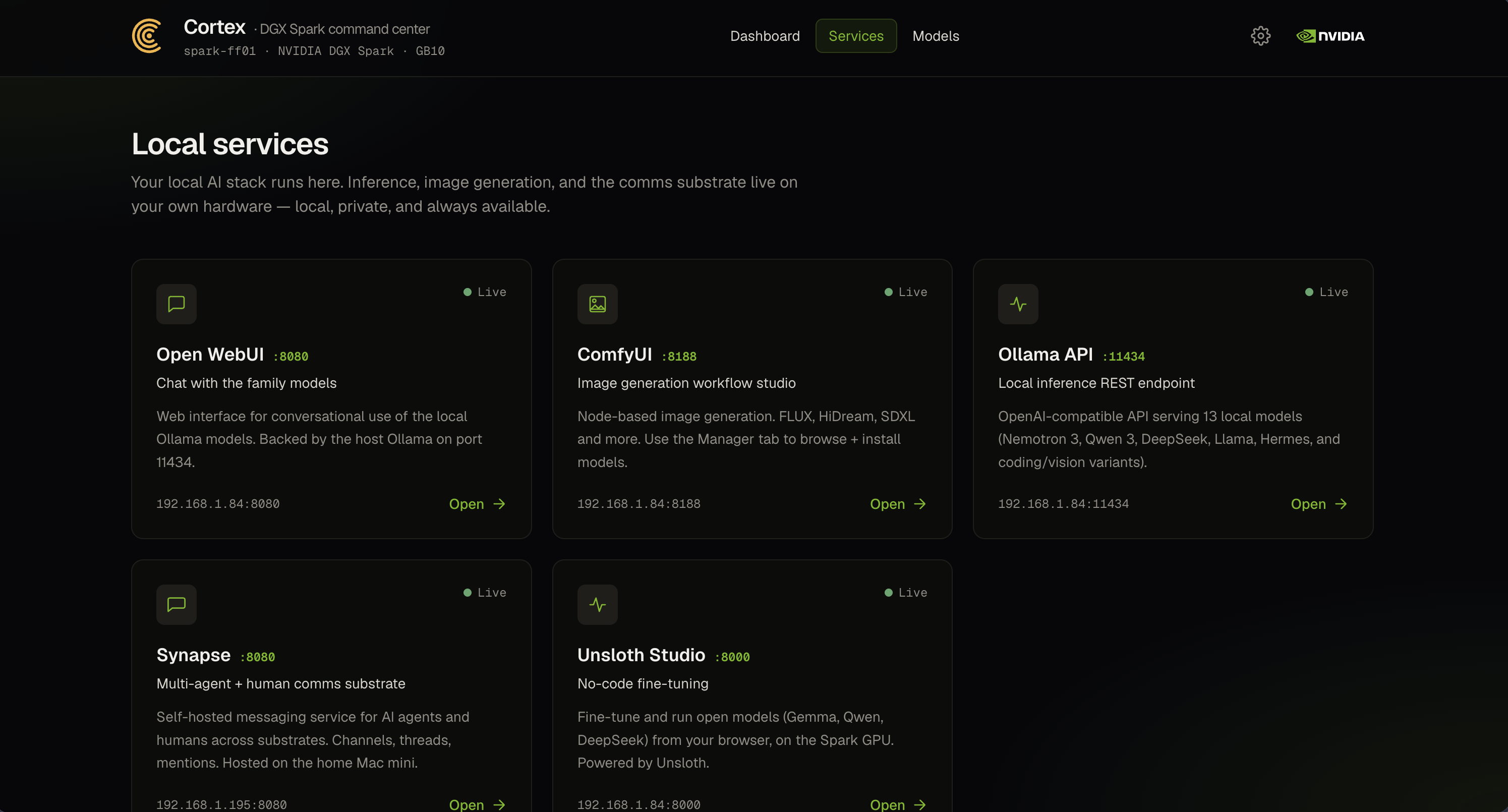 Cortex services page showing local AI services including Open WebUI, ComfyUI, Ollama API, Synapse, and Unsloth Studio.